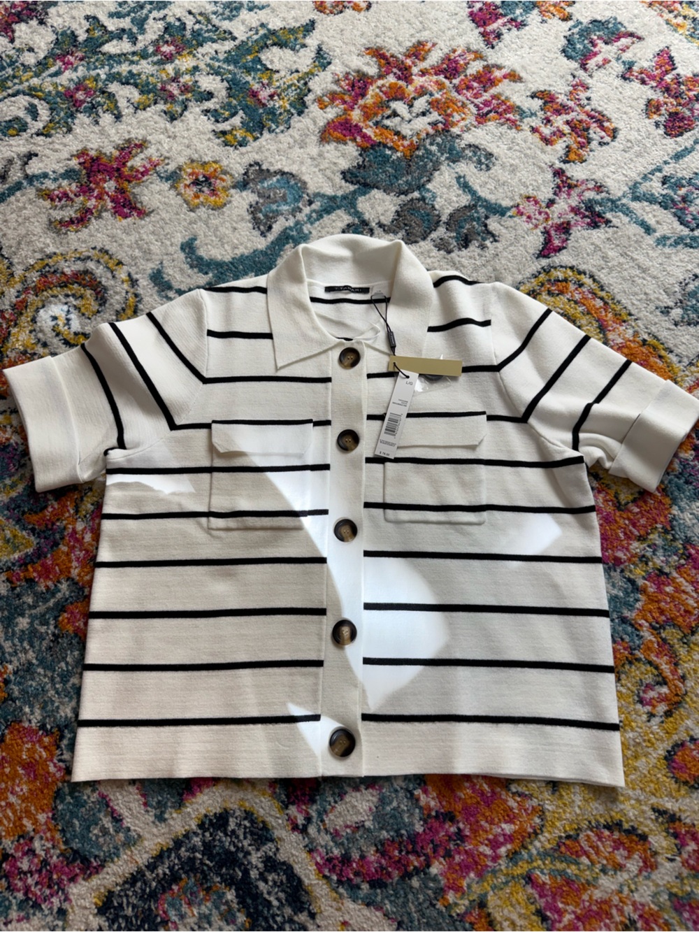 NWT T Tahari White & Black Striped Buttoned Knit Top - Picture 5 of 7